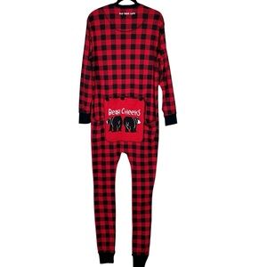 Lazy One Bear Cheeks Flap Jack Pajama Jumpsuit Sz L Red Black Plaid Unisex Cozy